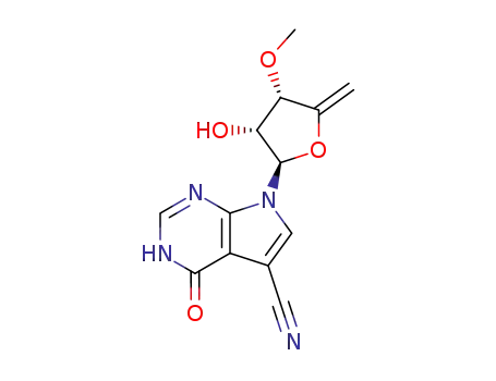 Molecular Structure of 98890-72-3 (7-(5-deoxy-3-O-methyl-beta-D-erythro-pent-4-enofuranosyl)-4-oxo-4,7-dihydro-1H-pyrrolo[2,3-d]pyrimidine-5-carbonitrile)