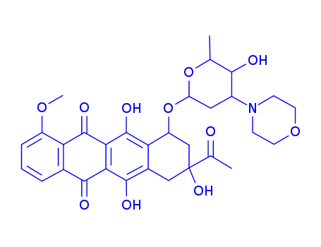 Molecular Structure of 94730-46-8 (3-acetyl-3,5,12-trihydroxy-10-methoxy-6,11-dioxo-1,2,3,4,6,11-hexahydrotetracen-1-yl (5xi)-2,3,6-trideoxy-3-morpholin-4-yl-alpha-L-threo-hexopyranoside)