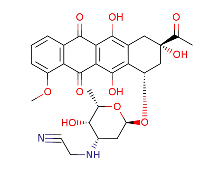 Molecular Structure of 103450-88-0 (3-acetyl-3,5,12-trihydroxy-10-methoxy-6,11-dioxo-1,2,3,4,6,11-hexahydrotetracen-1-yl 3-[(cyanomethyl)amino]-2,3,6-trideoxyhexopyranoside)
