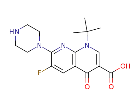 Molecular Structure of 116162-91-5 (1-tert-Butyl-6-fluoro-1,4-dihydro-4-oxo-7-piperazino-1,8-naphthyridine-3-carboxylic acid)