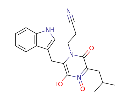 Molecular Structure of 168766-50-5 (1-(2-cyanoethyl)-3-isobutyl-5-hydroxy-6-(indol-3-yl)-methyl-1,2-dihydropyrazin-2-one 4-oxide)