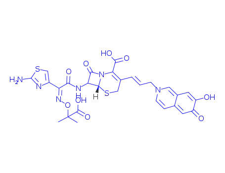 Molecular Structure of 150256-26-1 (7-(2-(2-aminothiazol-4-yl)-2-(1-carboxy-1-methylethoxyimino)acetamido)-3-(3-(2,6-dihydro-7-hydroxy-6-oxoisoquinolin-2-yl)propen-1-yl)-3-cephem-4-carboxylic acid)