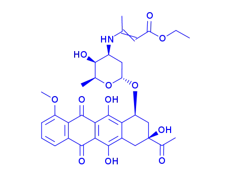 Molecular Structure of 107701-62-2 ((1S,3S)-3-acetyl-3,5,12-trihydroxy-10-methoxy-6,11-dioxo-1,2,3,4,6,11-hexahydrotetracen-1-yl 2,3,6-trideoxy-3-{[(1E)-3-ethoxy-1-methyl-3-oxoprop-1-en-1-yl]amino}-alpha-L-lyxo-hexopyranoside)