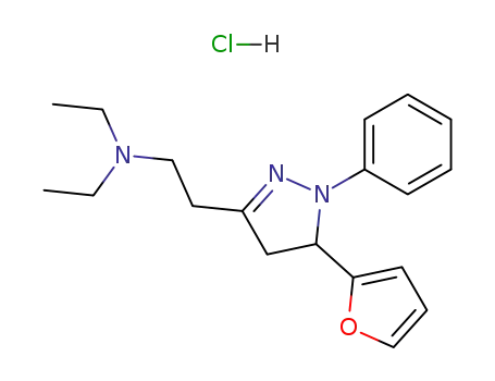 Molecular Structure of 102129-21-5 (1H-Pyrazole-3-ethanamine,N,N-diethyl-5-(2-furanyl)-4,5-dihydro-1-phenyl-, hydrochloride (1:1))