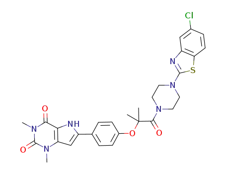 Molecular Structure of 1029401-88-4 (1H-Pyrrolo[3,2-d]pyrimidine-2,4(3H,5H)-dione, 6-[4-[2-[4-(5-chloro-2-benzothiazolyl)-1-piperazinyl]-1,1-dimethyl-2-oxoethoxy]phenyl]-1,3-dimethyl-)