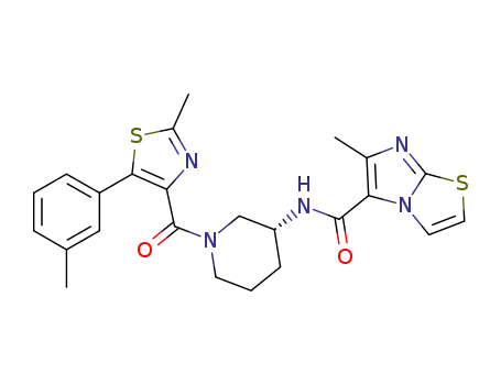 Molecular Structure of 1030388-83-0 (Imidazo[2,1-b]thiazole-5-carboxamide, 6-methyl-N-[(3R)-1-[[2-methyl-5-(3-methylphenyl)-4-thiazolyl]carbonyl]-3-piperidinyl]-)