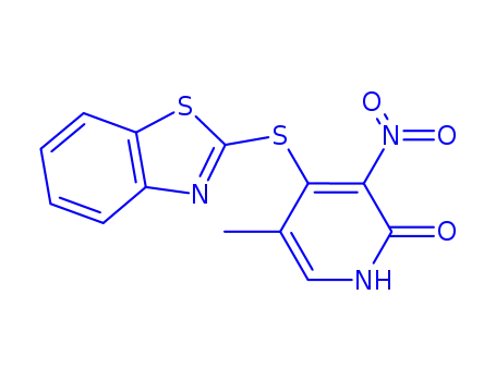 Molecular Structure of 172469-87-3 (4-(1,3-benzothiazol-2-ylsulfanyl)-5-methyl-3-nitropyridin-2(1H)-one)