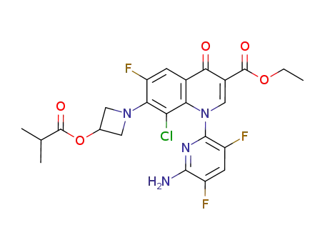 Molecular Structure of 875712-90-6 (3-Quinolinecarboxylic acid,
1-(6-amino-3,5-difluoro-2-pyridinyl)-8-chloro-6-fluoro-1,4-dihydro-7-[3-(
2-methyl-1-oxopropoxy)-1-azetidinyl]-4-oxo-, ethyl ester)