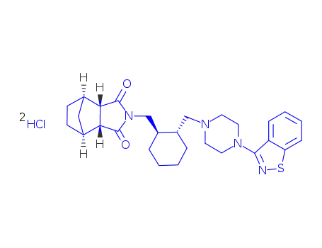 Molecular Structure of 139563-25-0 ((3aR,4S,7R,7aS)-2-{(1R,2R)-2-[4-(1,2-benzisothiazol-3-yl)piperazin-1-ylmethyl]cyclohexylmethyl}hexahydro-1H-4,7-methanisoindol-1,3-dione dihydrochloride)