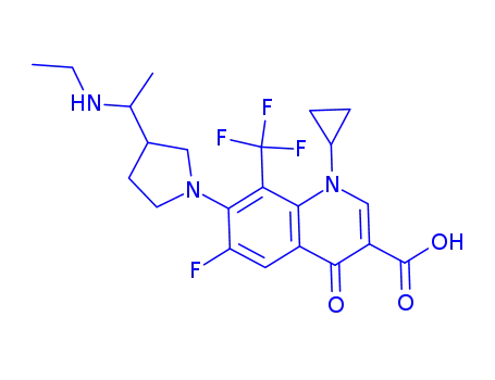 Molecular Structure of 143382-88-1 (1-cyclopropyl-7-{(3R)-3-[(1S)-1-(ethylamino)ethyl]pyrrolidin-1-yl}-6-fluoro-4-oxo-8-(trifluoromethyl)-1,4-dihydroquinoline-3-carboxylic acid)