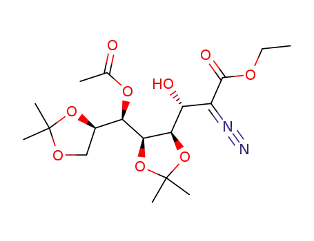 Molecular Structure of 159423-92-4 ((R)-3-{(4R,5R)-5-[(R)-Acetoxy-((R)-2,2-dimethyl-[1,3]dioxolan-4-yl)-methyl]-2,2-dimethyl-[1,3]dioxolan-4-yl}-2-diazo-3-hydroxy-propionic acid ethyl ester)
