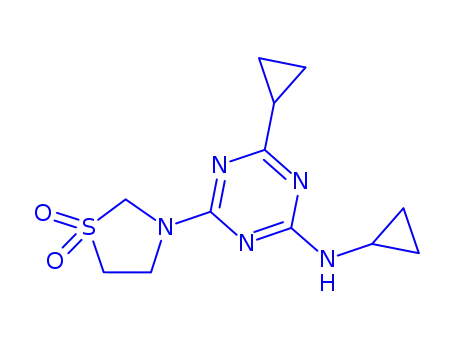 Molecular Structure of 148312-54-3 (N,4-dicyclopropyl-6-(1,1-dioxido-1,3-thiazolidin-3-yl)-1,3,5-triazin-2-amine)