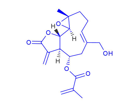 Molecular Structure of 148073-35-2 ((1aR,4E,7S,7aR,10aS,10bR)-5-(hydroxymethyl)-1a-methyl-8-methylidene-9-oxo-1a,2,3,6,7,7a,8,9,10a,10b-decahydrooxireno[9,10]cyclodeca[1,2-b]furan-7-yl 2-methylprop-2-enoate)