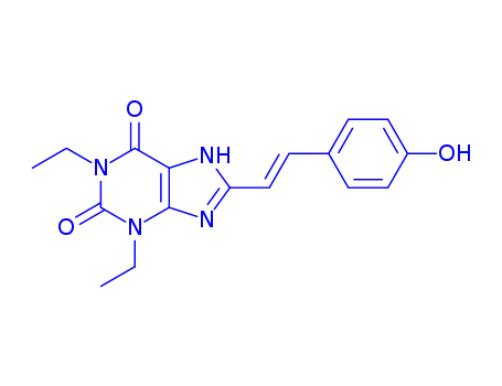 Molecular Structure of 155272-14-3 (1H-Purine-2,6-dione, 3,7-dihydro-1,3-diethyl-8-(2-(4-hydroxyphenyl)eth enyl)-, (E)-)