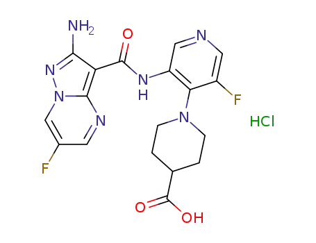 Molecular Structure of 1613192-04-3 (1-[3-[(2-amino-6-fluoro-pyrazolo[1,5-a]pyrimidine-3-carbonyl)amino]-5-fluoro-4-pyridyl]piperidine-4-carboxylic acid hydrochloride)