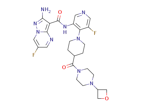 Molecular Structure of 1613191-99-3 (2-amino-6-fluoro-N-[5-fluoro-4-(4-{[4-(oxetan-3-yl)piperazin-1-yl]carbonyl}piperidin-1-yl)pyridin-3-yl]pyrazolo[1,5-a]pyrimidine-3-carboxamide)