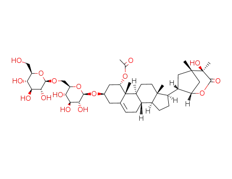 Molecular Structure of 107484-59-3 (2-Oxabicyclo[3.2.1]octan-3-one,7-[(1a,3b)-1-(acetyloxy)-3-[(6-O-b-D-glucopyranosyl-b-D-glucopyranosyl)oxy]androst-5-en-17-yl]-4-hydroxy-4,5-dimethyl-,(1R,4R,5R,7S)- (9CI))