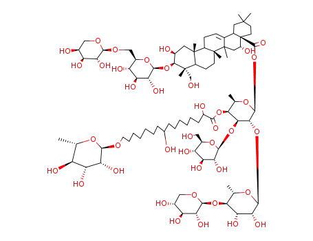 Molecular Structure of 124631-52-3 (Olean-12-en-28-oicacid, 3-[(6-O-a-L-arabinopyranosyl-b-D-glucopyranosyl)oxy]-2,16,23-trihydroxy-,O-b-D-glucopyranosyl-(1&reg;3)-O-[O-b-D-xylopyranosyl-(1&reg;4)-6-deoxy-a-L-mannopyranosyl-(1&reg;2)]-6-deoxy-4-O-[16-[(6-deoxy-a-L-mannopyranosyl)oxy]-2,9-dihydroxy-1-oxohexadecyl]-b-D-galactopyranosyl ester, (2b,3b,4a,16a)- (9CI))