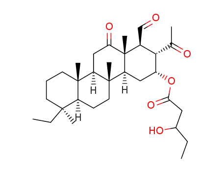 Molecular Structure of 125990-21-8 (Pentanoic acid,3-hydroxy-,(1S,2S,3R,4aS,4bR,6aS,7S,10aS,10bR,12aS)-2-acetyl-7-ethyl-1-formyloctadecahydro-4b,7,10a,12a-tetramethyl-12-oxo-3-chrysenylester (9CI))