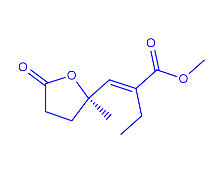 Molecular Structure of 796866-50-7 (Butanoic acid, 2-[[(2R)-tetrahydro-2-methyl-5-oxo-2-furanyl]methylene]-, methyl ester, (2E)- (9CI))