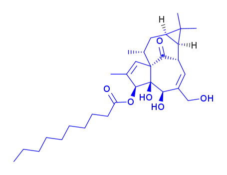 Molecular Structure of 82425-34-1 (5,5a-dihydroxy-4-(hydroxymethyl)-1,1,7,9-tetramethyl-11-oxo-1a,2,5,5a,6,9,10,10a-octahydro-1H-2,8a-methanocyclopenta[a]cyclopropa[e][10]annulen-6-yl decanoate)