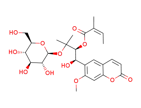 Molecular Structure of 85889-14-1 (2-Butenoic acid,2-methyl-,(1S)-2-(â-Dglucopyranosyloxy)- 1-[(R)-hydroxy(7- methoxy-2-oxo-2H-1-benzopyran-6-yl)- methyl]-2-methylpropyl ester,(2Z)- )