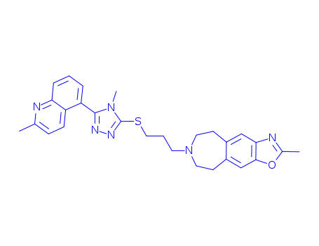Molecular Structure of 871541-68-3 (5H-Oxazolo[4,5-h][3]benzazepine, 6,7,8,9-tetrahydro-2-methyl-7-[3-[[4-methyl-5-(2-methyl-5-quinolinyl)-4H-1,2,4-triazol-3-yl]thio]propyl]-)