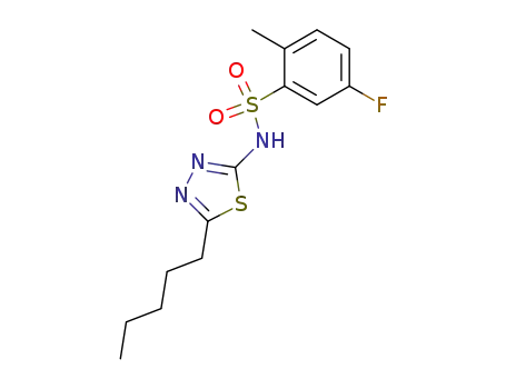 Molecular Structure of 67475-49-4 (Benzenesulfonamide,
5-fluoro-2-methyl-N-(5-pentyl-1,3,4-thiadiazol-2-yl)-)