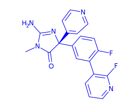 Molecular Structure of 918541-86-3 (4H-Imidazol-4-one, 2-amino-5-[4-fluoro-3-(2-fluoro-3-pyridinyl)phenyl]-3,5-dihydro-3-methyl-5-(4-pyridinyl)-, (5S)-)