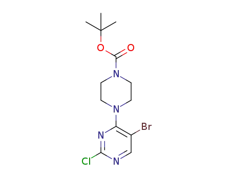 Molecular Structure of 1289198-78-2 (tert-butyl 4-(5-bromo-2-chloropyrimidin-4-yl)piperazine-1-carboxylate)