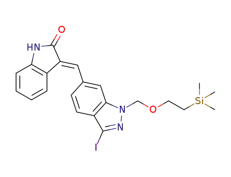 Molecular Structure of 1247000-64-1 ((E)-3-((3-iodo-1-((2-(trimethylsilyl)ethoxy)methyl)-1H-indazol-6-yl)methylene)indolin-2-one)