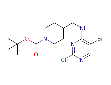 Molecular Structure of 1289114-86-8 (4-[(5-bromo-2-chloro-pyrimidin-4-ylamino)methyl]-piperidine-1-carboxylic acid tert-butyl ester)