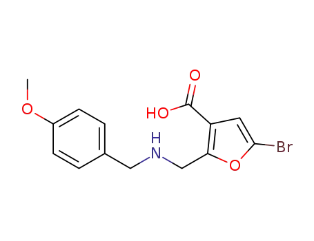 Molecular Structure of 957346-10-0 (5-bromo-2-[(4-methoxy-benzylamino)-methyl]-furan-3-carboxylic acid)