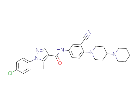Molecular Structure of 288250-87-3 (1-(4-chlorophenyl)-N-[3-cyano-4-(4-piperidinopiperidin-1-yl)phenyl]-5-methylpyrazole-4-carboxamide)