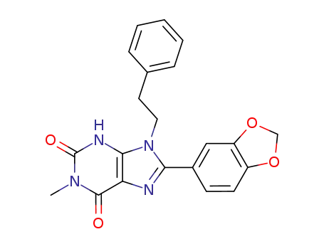 Molecular Structure of 61080-59-9 (1H-Purine-2,6-dione,
8-(1,3-benzodioxol-5-yl)-3,9-dihydro-1-methyl-9-(2-phenylethyl)-)