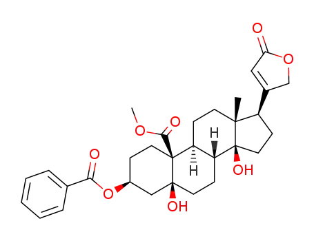 Molecular Structure of 21853-44-1 (3β-benzoyloxy-5,14,21-trihydroxy-24-nor-5β,14β-chol-20(22)<i>t</i>-ene-19,23-dioic acid-23=>21-lactone-19-methyl ester)