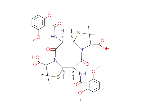 Molecular Structure of 106215-27-4 ((6a<i>R</i>)-6<i>t</i>,12<i>t</i>-bis-(2,6-dimethoxy-benzoylamino)-2,2,8,8-tetramethyl-5,11-dioxo-(6a<i>r</i>,12a<i>c</i>)-octahydro-bisthiazolo[3,2-<i>a</i>;3',2'-<i>e</i>][1,5]diazocine-3<i>c</i>,9<i>c</i>-dicarboxylic acid)
