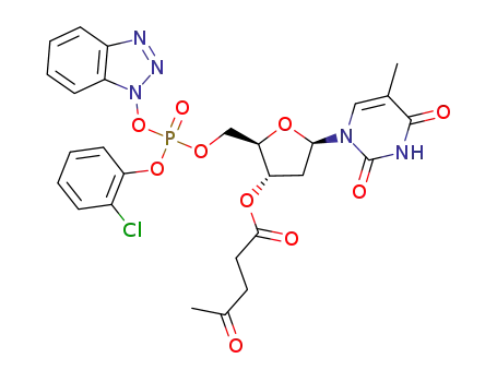 Molecular Structure of 89291-57-6 (4-Oxo-pentanoic acid (2R,3S,5R)-2-[(benzotriazol-1-yloxy)-(2-chloro-phenoxy)-phosphoryloxymethyl]-5-(5-methyl-2,4-dioxo-3,4-dihydro-2H-pyrimidin-1-yl)-tetrahydro-furan-3-yl ester)