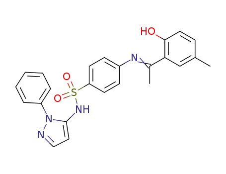 Molecular Structure of 77544-98-0 (4-[1-(2-Hydroxy-5-methyl-phenyl)-eth-(E)-ylideneamino]-N-(2-phenyl-2H-pyrazol-3-yl)-benzenesulfonamide)