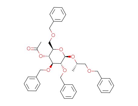 Molecular Structure of 89387-46-2 (Acetic acid (2R,3R,4S,5R,6R)-4,5-bis-benzyloxy-2-benzyloxymethyl-6-((S)-2-benzyloxy-1-methyl-ethoxy)-tetrahydro-pyran-3-yl ester)