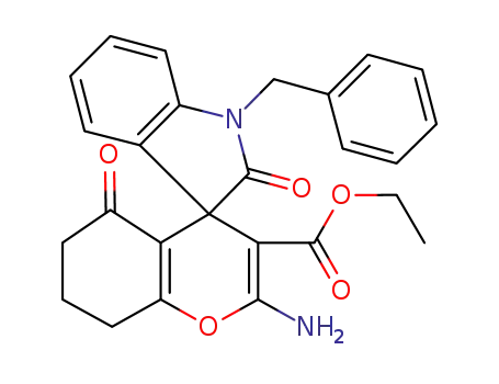 Molecular Structure of 900871-12-7 (ethyl 2-amino-1'-benzyl-2',5-dioxo-1',2',5,6,7,8-hexahydrospiro[chromene-4,3'-indole]-3-carboxylate)