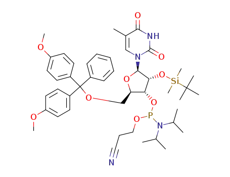 Molecular Structure of 159639-78-8 ((2R,3R,4R,5R)-2-((bis(4-methoxyphenyl)(phenyl)methoxy)methyl)-4-((tert-butyldimethylsilyl)oxy)-5-(5-methyl-2,4-dioxo-3,4-dihydropyrimidin-1(2H)-yl)tetrahydrofuran-3-yl (2-cyanoethyl) diisopropylphosphoramidite)