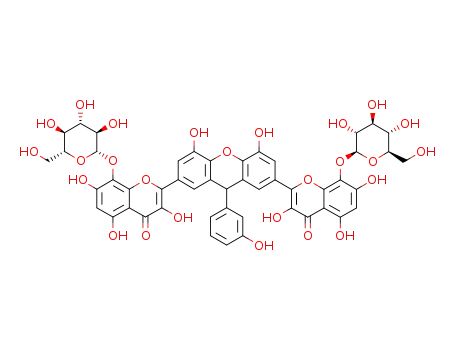 Molecular Structure of 1283102-50-0 (2-(4,5-dihydroxy-9-(3-hydroxyphenyl)-7-(3,5,7-trihydroxy-8-{(3,4,5-trihydroxy-6-(hydroxymethyl)-tetrahydro-2H-2-pyranyl)oxy}-4-oxo-4H-2-chromenyl)-9H-2-xanthenyl)-3,5,7-trihydroxy-8-{(3,4,5-trihydroxy-6-(hydroxymethyl)-tetrahydro-2H-2-pyranyl)oxy}-4H-4-chromenone)