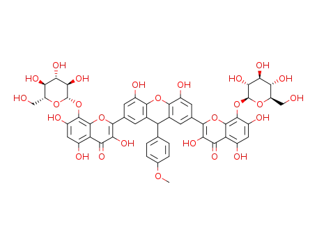 Molecular Structure of 1283102-45-3 (2-(4,5-dihydroxy-9-(4-methoxyphenyl)-7-(3,5,7-trihydroxy-8-{(3,4,5-trihydroxy-6-(hydroxymethyl)-tetrahydro-2H-2-pyranyl)oxy}-4-oxo-4H-2-chromenyl)-9H-2-xanthenyl)-3,5,7-trihydroxy-8-{(3,4,5-trihydroxy-6-(hydroxymethyl)-tetrahydro-2H-2-pyranyl)oxy}-4H-4-chromenone)