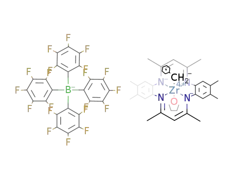 ((C<sub>13</sub>H<sub>15</sub>N<sub>2</sub>)2)Zr(C<sub>4</sub>H<sub>8</sub>O)(CH<sub>2</sub>C<sub>6</sub>H<sub>5</sub>)<sup>(1+)</sup>*B(C<sub>6</sub>F<sub>5</sub>)4<sup>(1-)</sup>=[((C<sub>13</sub>H<sub>15</sub>N<sub>2</sub>)2)Zr(C<sub>4</sub>H<sub>8</sub>O)(CH<sub>2</sub>C<sub>6</sub>H<sub>5</sub>)][B(C<sub>6</sub>F<sub>5</sub>)4]
