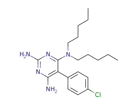 Molecular Structure of 102466-50-2 (5-(4-chloro-phenyl)-<i>N</i><sup>4</sup>,<i>N</i><sup>4</sup>-dipentyl-pyrimidine-2,4,6-triyltriamine)