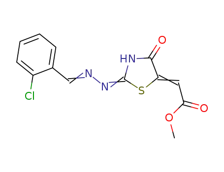 Molecular Structure of 1491167-89-5 (methyl (2-(2-(2-chlorobenzylidene)hydrazono)-4-oxothiazolidin-5-ylidene)acetate)