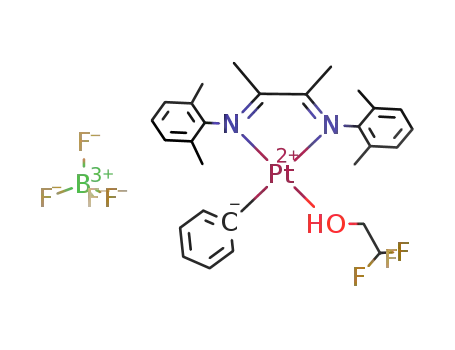 [((CH<sub>3</sub>)2C<sub>6</sub>H<sub>3</sub>NC(CH<sub>3</sub>)C(CH<sub>3</sub>)NC<sub>6</sub>H<sub>3</sub>(CH<sub>3</sub>)2)Pt(C<sub>6</sub>H<sub>5</sub>)(HOCH<sub>2</sub>CF<sub>3</sub>)]<sup>(1+)</sup>*BF<sub>4</sub><sup>(1-)</sup>=[((CH<sub>3</sub>)2C<sub>6</sub>H<sub>3</sub>NC(CH<sub>3</sub>))2Pt(C<sub>6</sub>H<sub>5</sub>)(HOCH<sub>2</sub>CF<sub>3</sub>)]BF<sub>4</sub>
