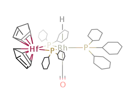 Molecular Structure of 112896-16-9 ((Cp)2(hafnium)(μ-PCy2)2(rhodium)H(CO)(PCy3))