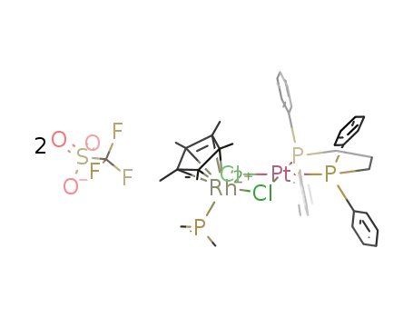 Molecular Structure of 137393-29-4 ({(η5-C5Me5)(PMe3)Rh(μ-Cl)2Pt(Ph2P(CH2)3PPh2)}{OTf}2)